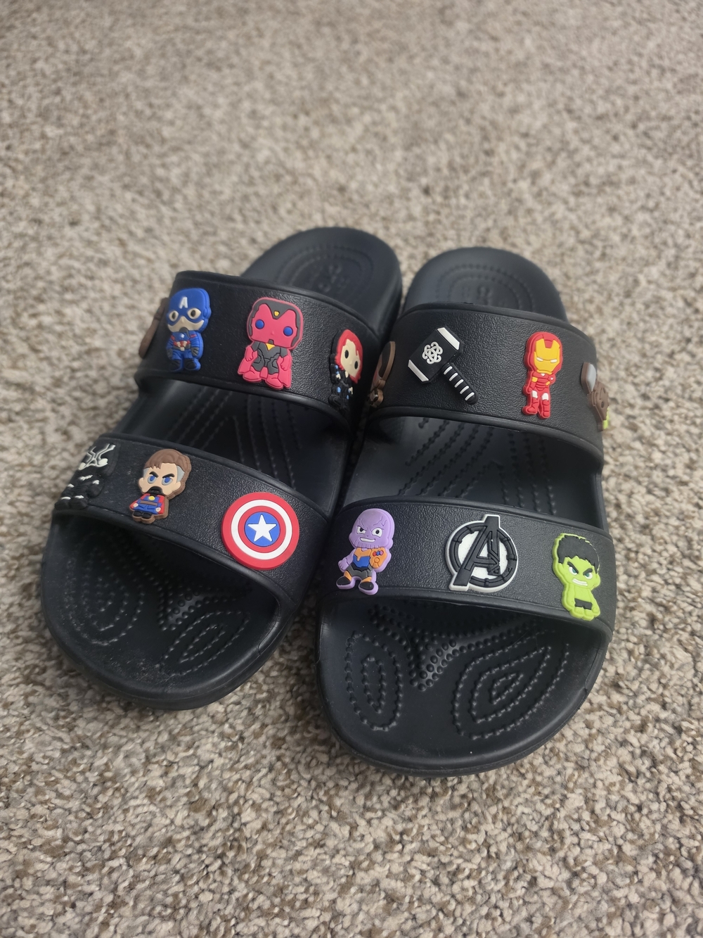 EUC Black CROCS Slide Sandals with Marvel Character Charms Included